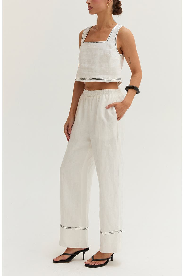 Contrast Stitch Cropped Top & Pants Linen Two Piece Set, Alternate, color, White
