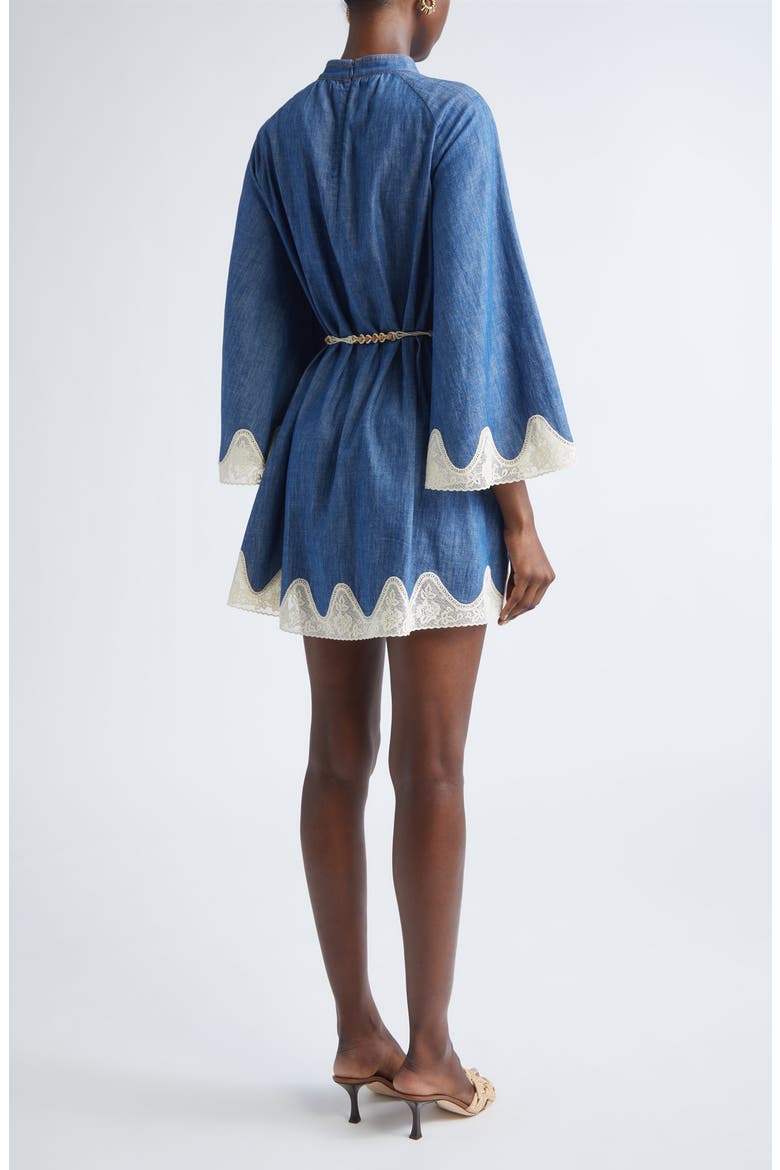 Awaken Belted Lace Trim Denim Minidress, Alternate, color, RAILWAY BLUE