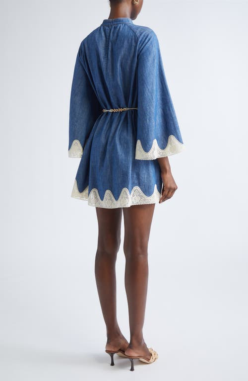 Zimmermann Awaken Belted Lace Trim Denim Minidress In Blue