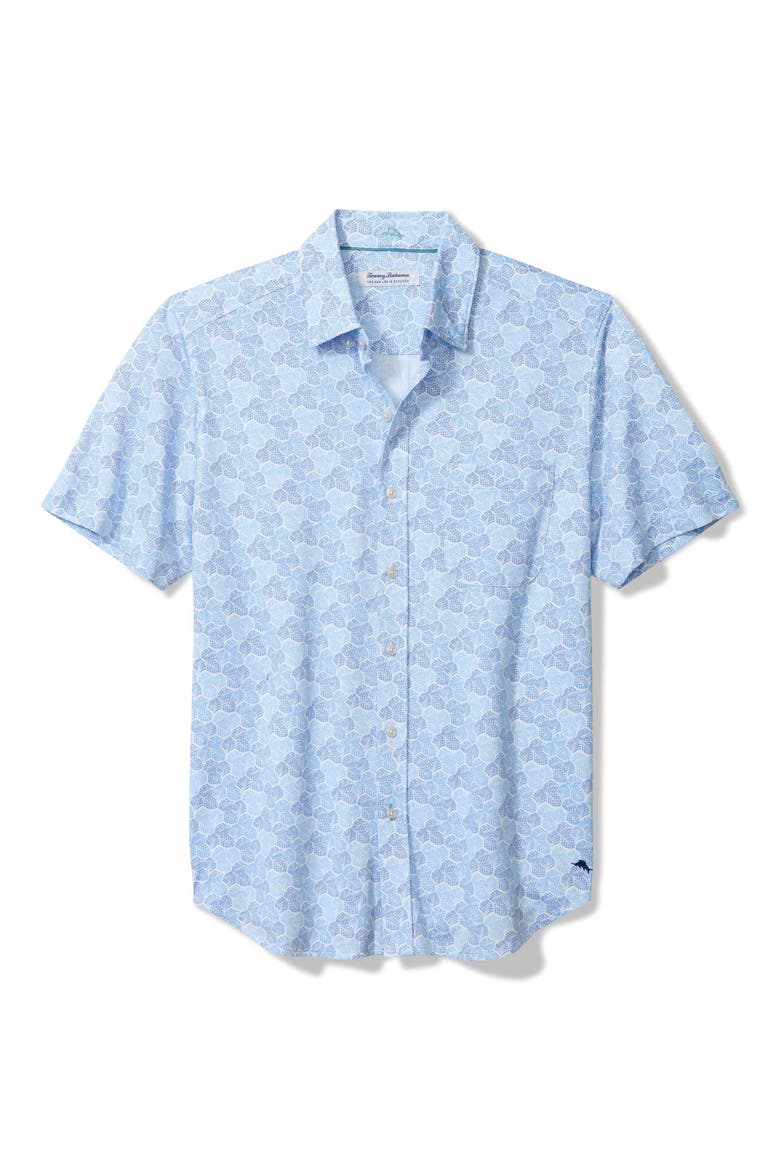 San Lucio Tri Leaf Geo Print IslandZone® Short Sleeve Button-Up Shirt, Main, color, TURKISH SEA