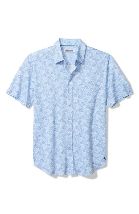 San Lucio Tri Leaf Geo Print IslandZone® Short Sleeve Button-Up Shirt