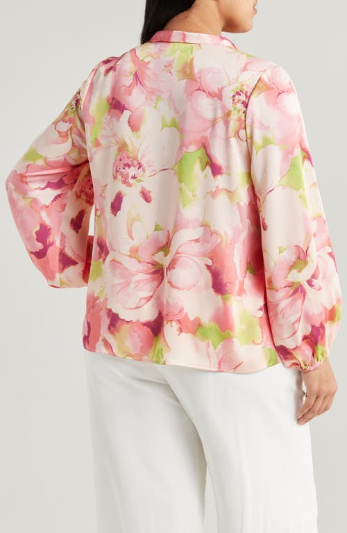 Tahari Asl Floral Bow Neck Charmeuse Top In Peach Watercolor