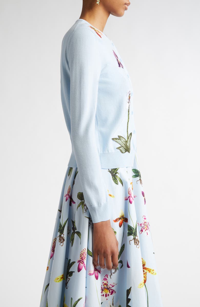 Oscar de la Renta Orchid Embroidered Virgin Wool Cardigan, Alternate, color, Light Blue