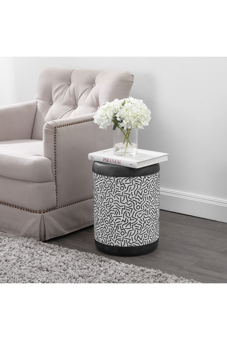 Indi Modern Geometric Concrete Drum Garden Stool, Indoor/Outdoor Weather-Resistant Patio Accent Side Table, Alternate, color, Black/White