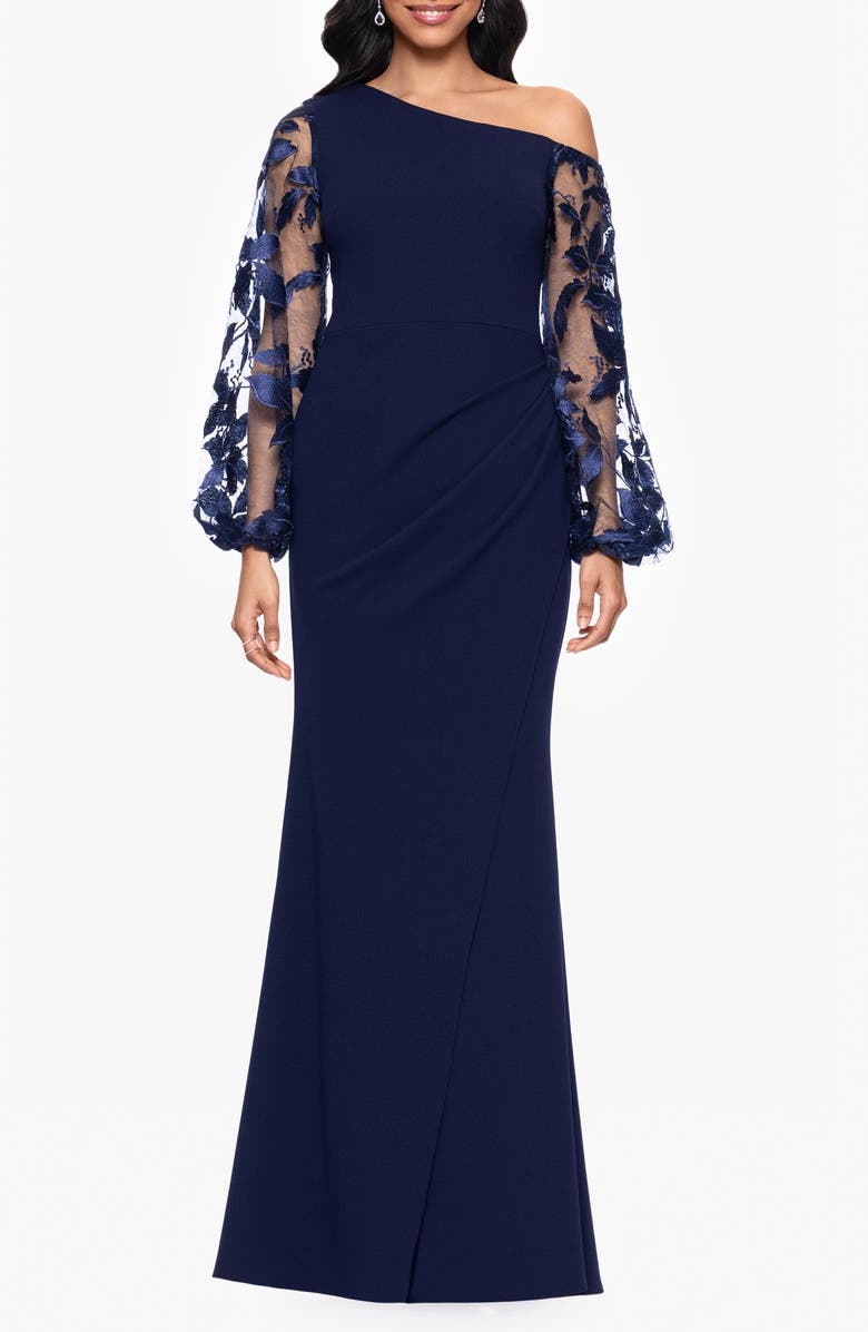 Betsy & Adam One Shoulder Sheer Embroidered Long Sleeve Sheath Gown, Main, color, Navy