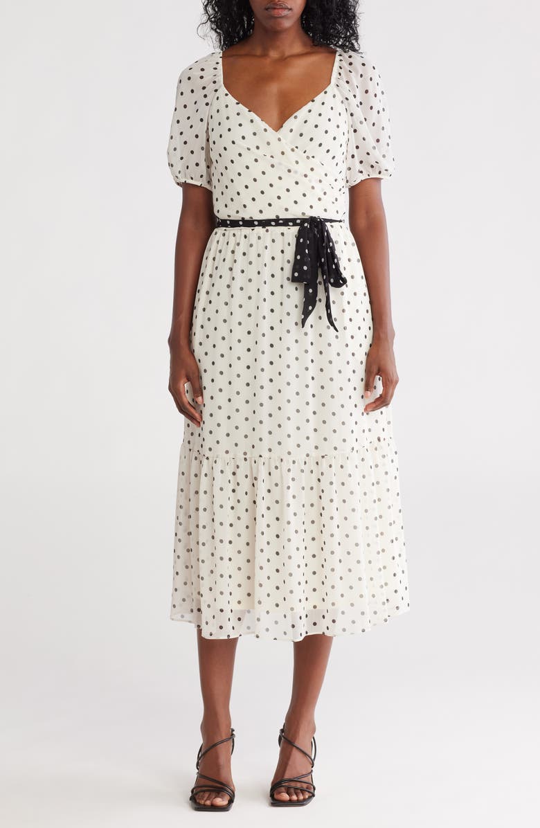 Julia Jordan Puff Sleeve Midi Dress, Main, color, White/ Black Dot