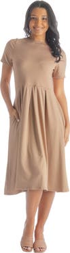 24seven Comfort Apparel Midi Dress with Short Sleeves and Pocket Detail
