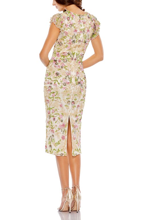 Mac Duggal Floral Embellished Flutter Cap Sleeve Dress In Cream Multi