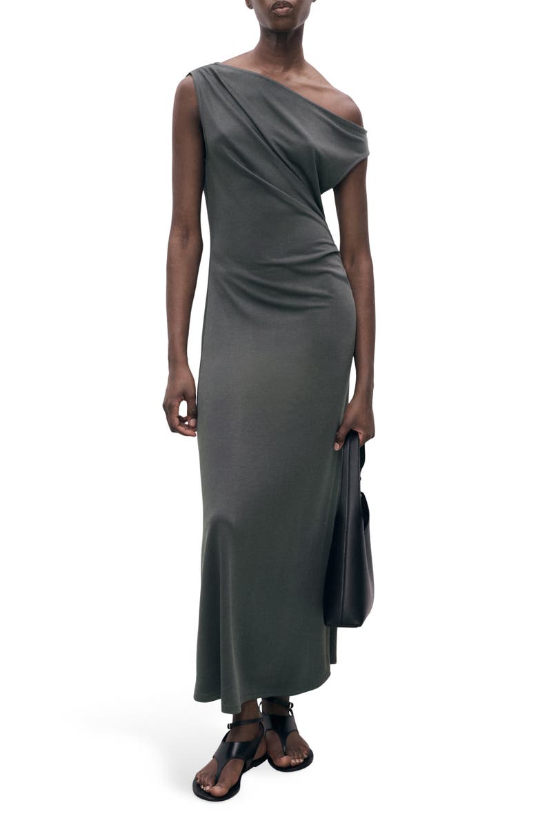 MANGO Asymmetric Pleated Maxi Dress, Main, color, Charcoal