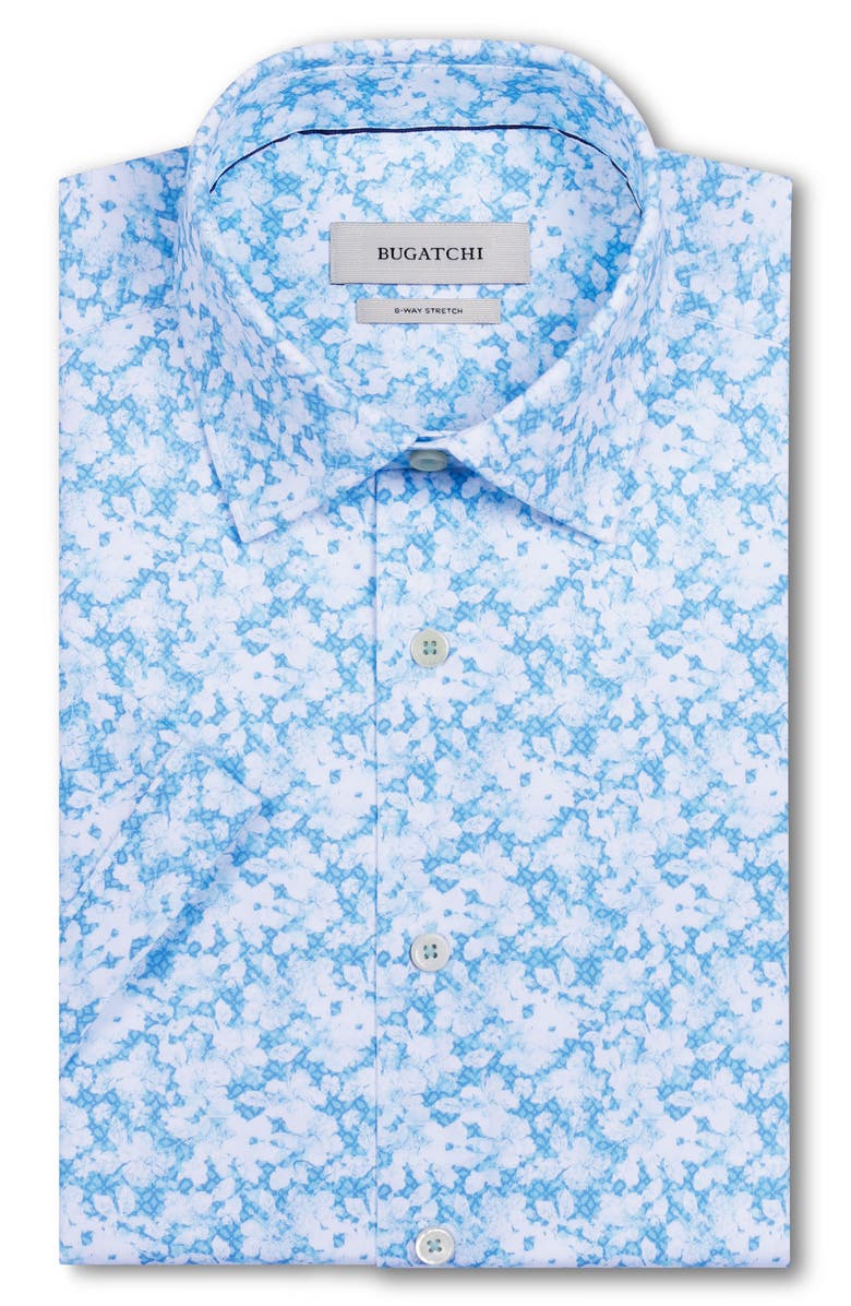 Bugatchi Miles OoohCotton<sup>®</sup> Watercolor Floral Print Short Sleeve Button-Up Shirt, Alternate, color, Teal