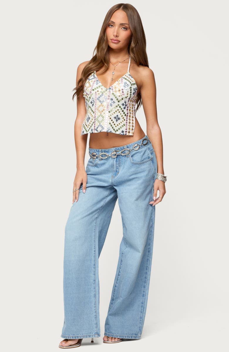 EDIKTED Mirra Flower Pocket Low Rise Wide Leg Jeans, Alternate, color, Blue