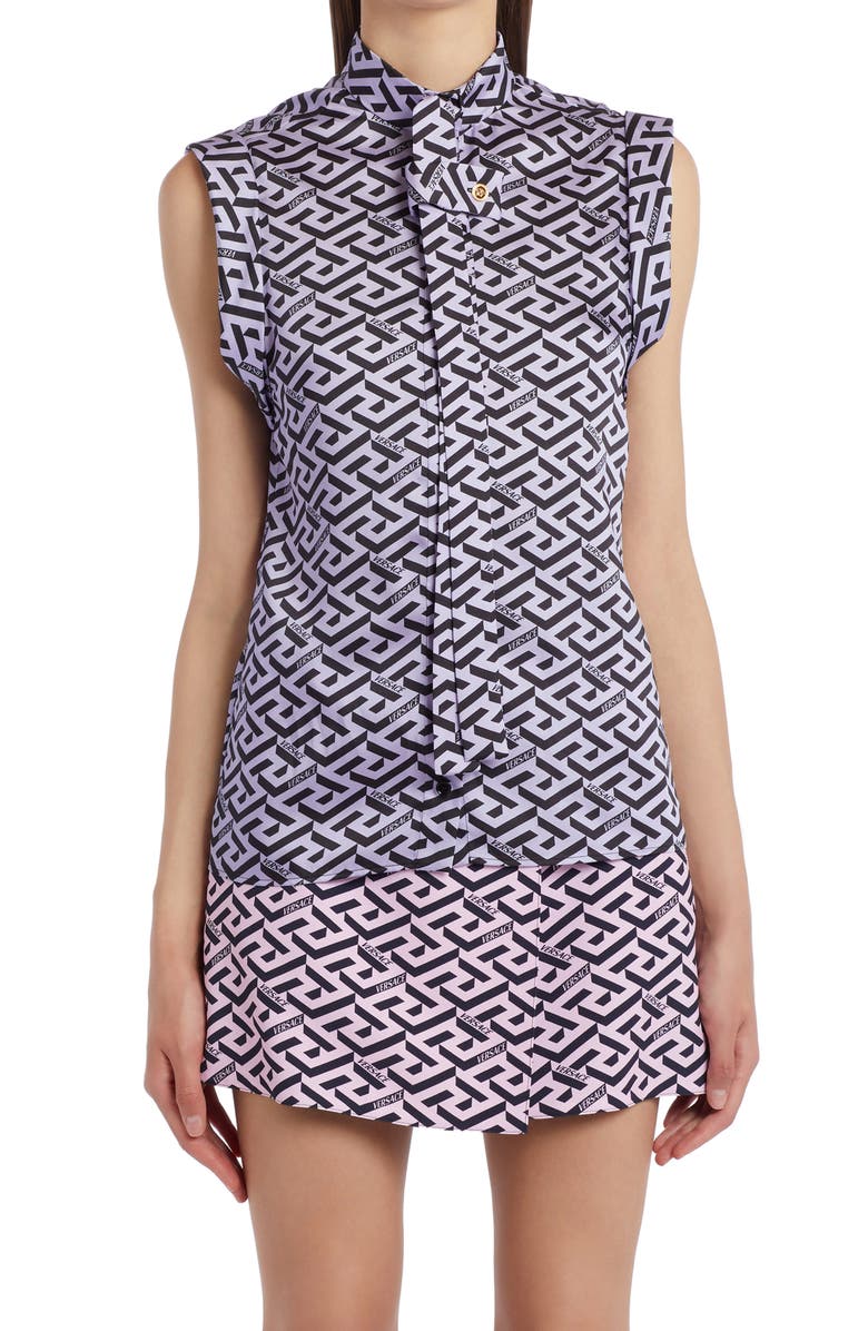 Versace La Greca Monogram Sleeveless Silk Twill Blouse, Main, color,