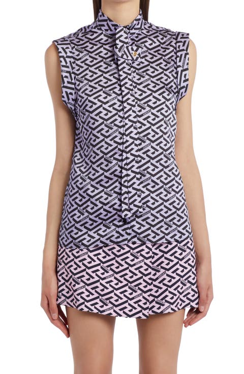 La Greca Monogram Sleeveless Silk Twill Blouse