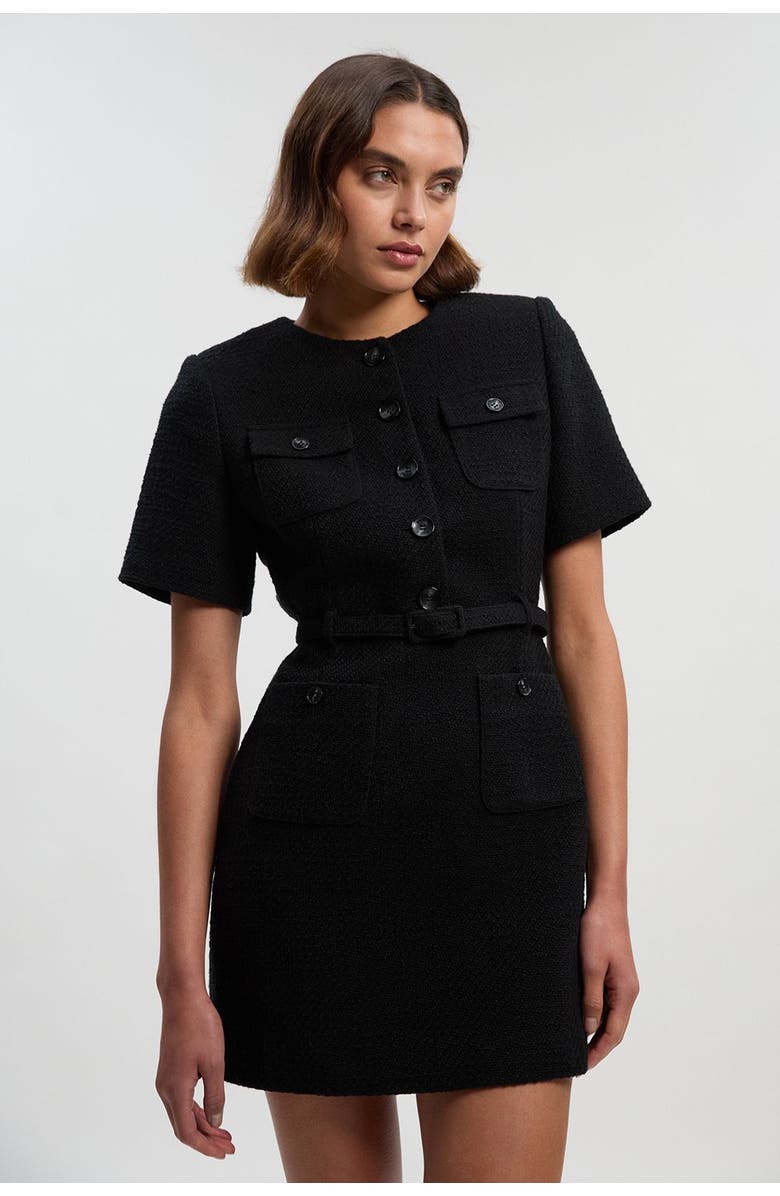 Karen Millen Tweed Belted Mini Dress, Main, color, Black