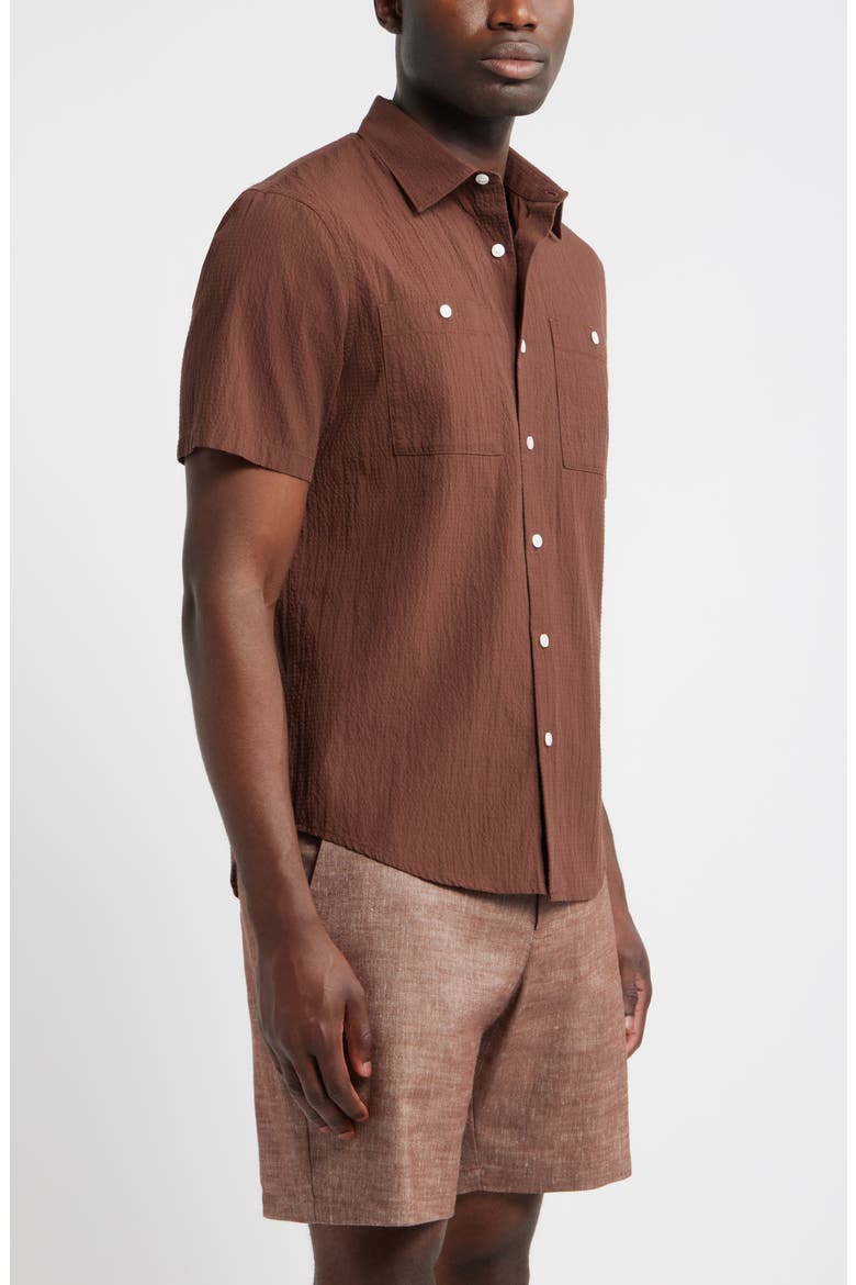 Solid Short Sleeve Cotton Blend Seersucker Button-Up Shirt, Alternate, color, BROWN ROCK