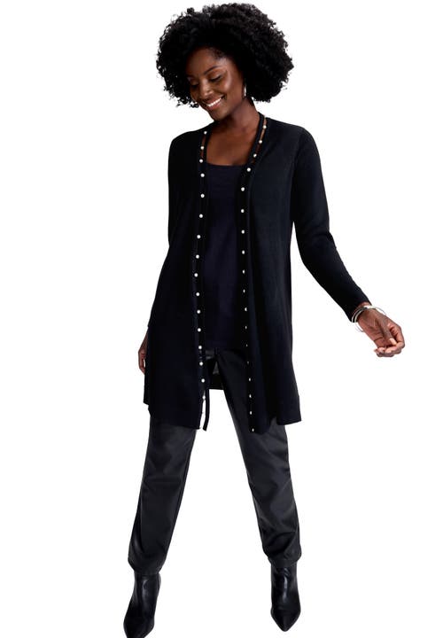 Jessica London Pearl Trim Cardigan In Black