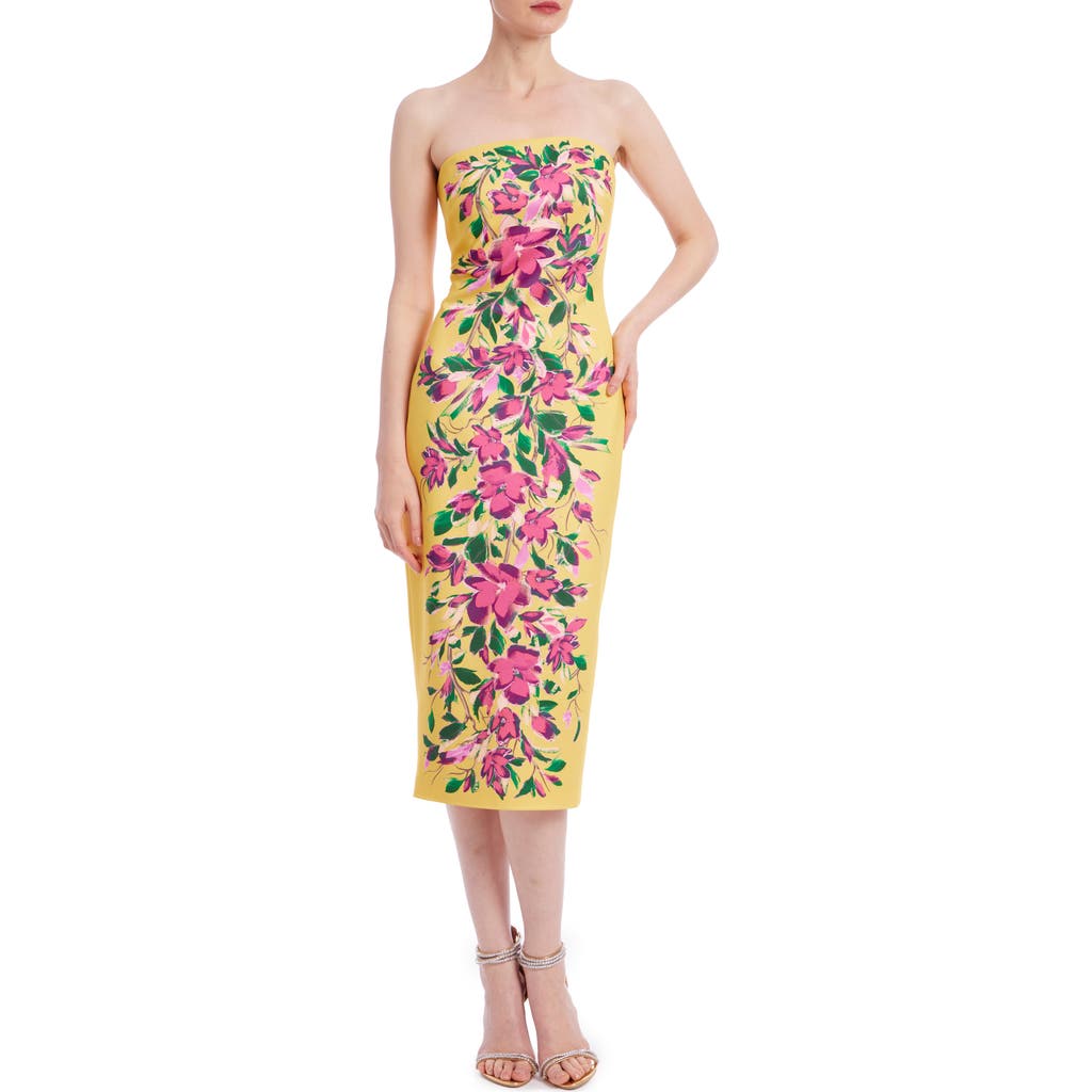 Badgley Mischka Strapless Floral-print Bodycon Midi Dress In Yellow Mint