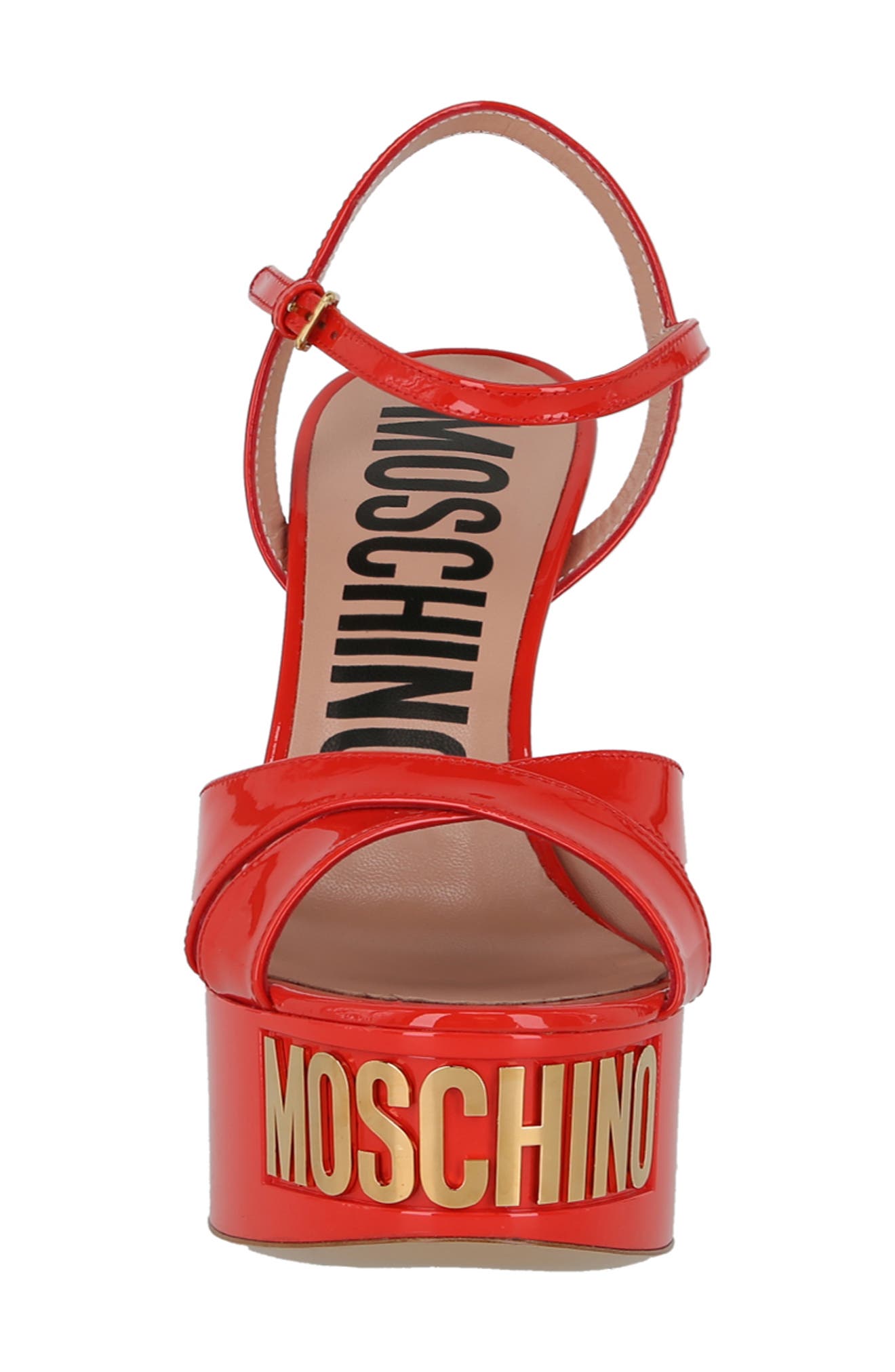 Moschino Logo Ankle Strap Platform Sandal, Alternate, color, Orange