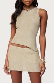 EDIKTED Goldy Asymmetric Hem Metallic Knit Tank Top
