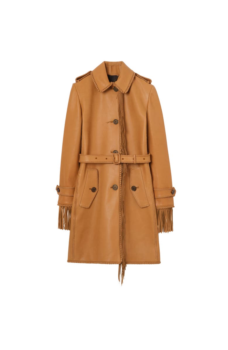 Burberry Short Fringed Leather Car Coat, Alternate, color, Sand Brown