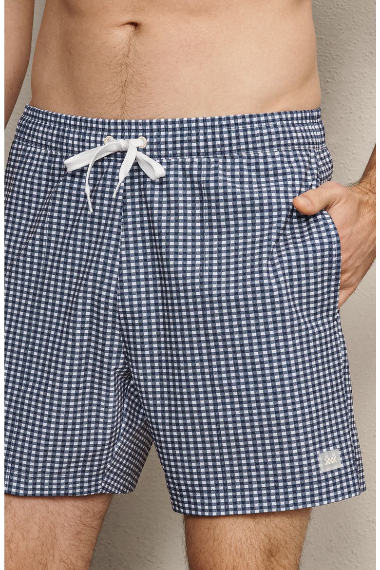 5.5-Inch Water Repellent Swim Trunks, Main, color, NAVY GINGHAM