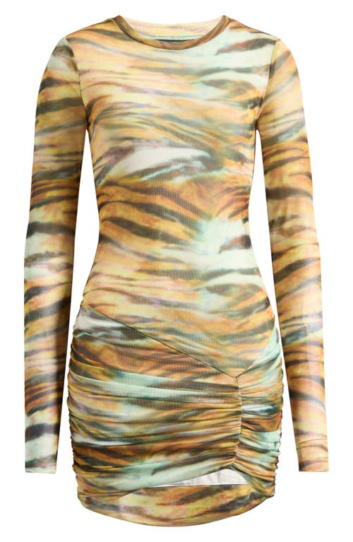 Afrm Mirza Abstract Print Long Sleeve Mesh Minidress In Brown