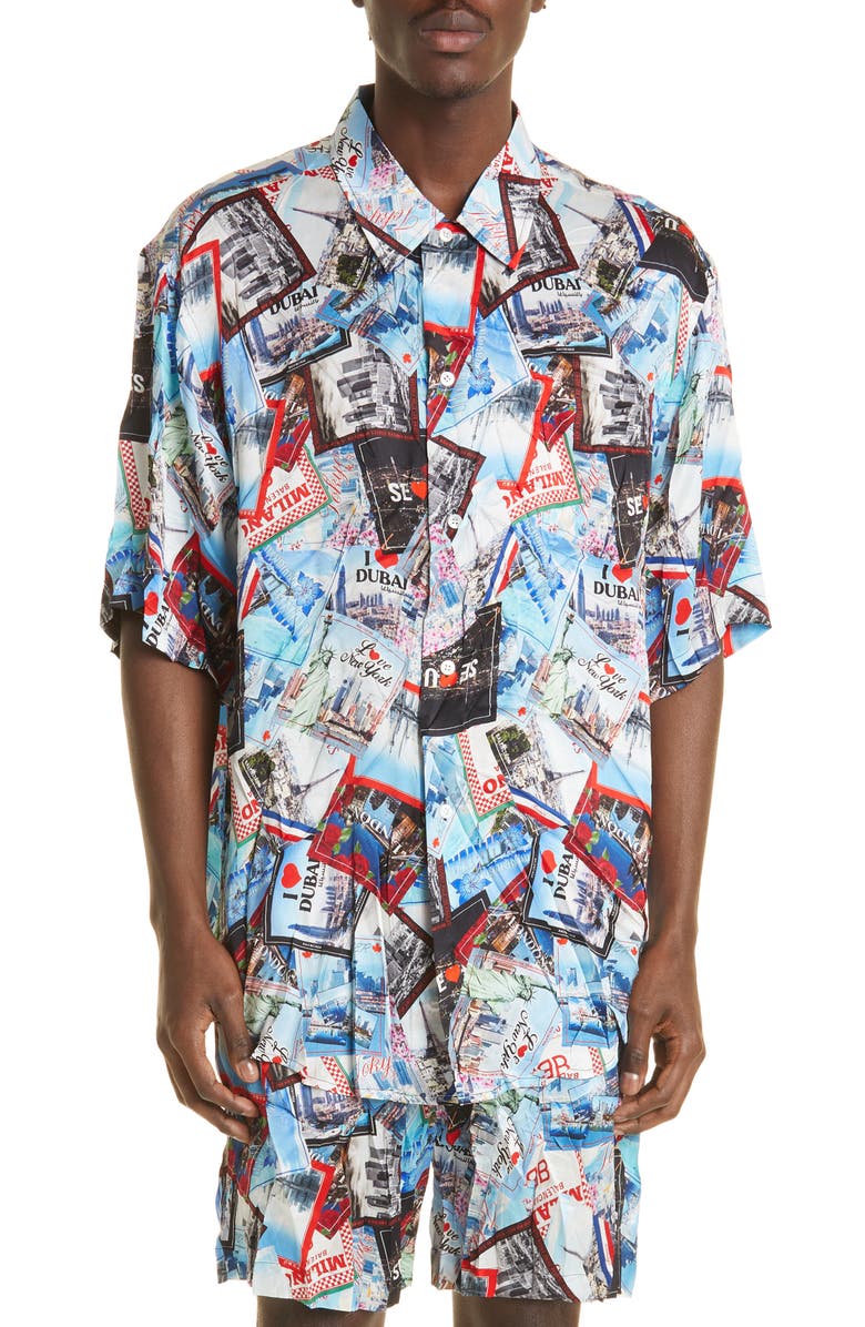 Balenciaga Allover Cities Print Silk Button-Up Shirt, Main, color, 