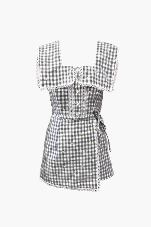 Anna Sui Daisy Embroidery On Gingham Romper In Black Multi