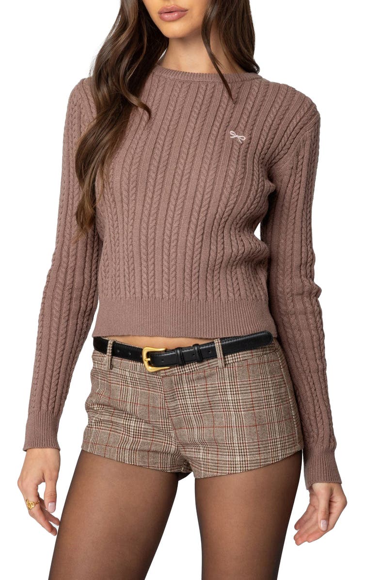 EDIKTED Beverly Bow Cable Stitch Sweater, Main, color, Brown