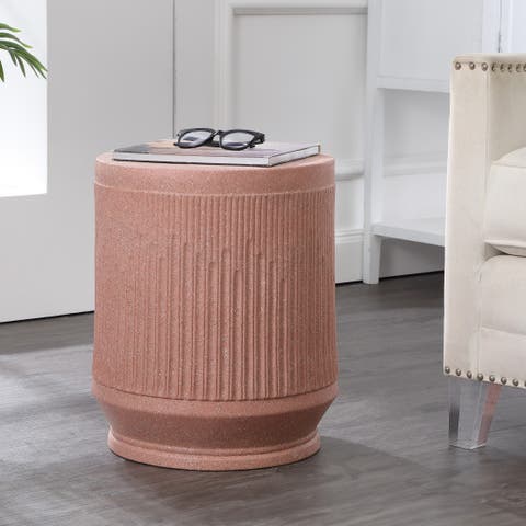 Kline Modern Ribbed UV-Resistant Resin Outdoor Accent Table, All-Weather Patio Drum Side Table Garden Stool