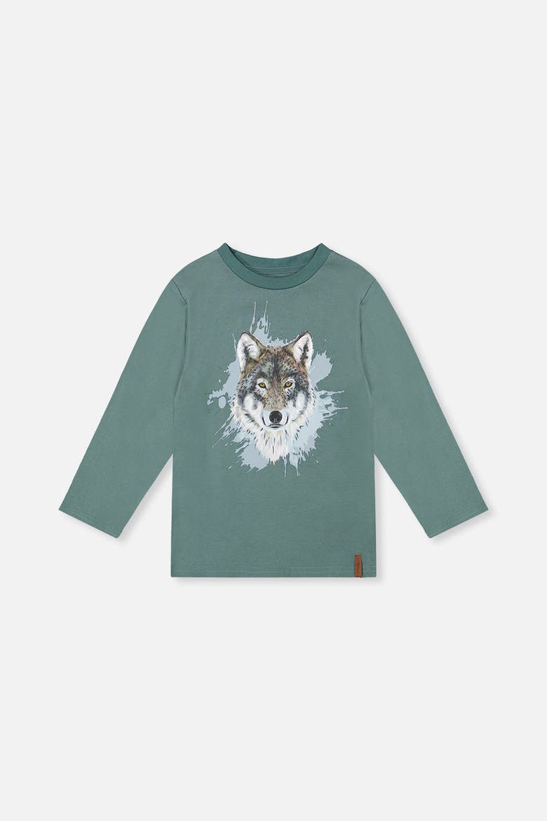 Cotton Crew Neck Wolf Graphic Long Sleeve T-Shirt, Main, color, Turquoise