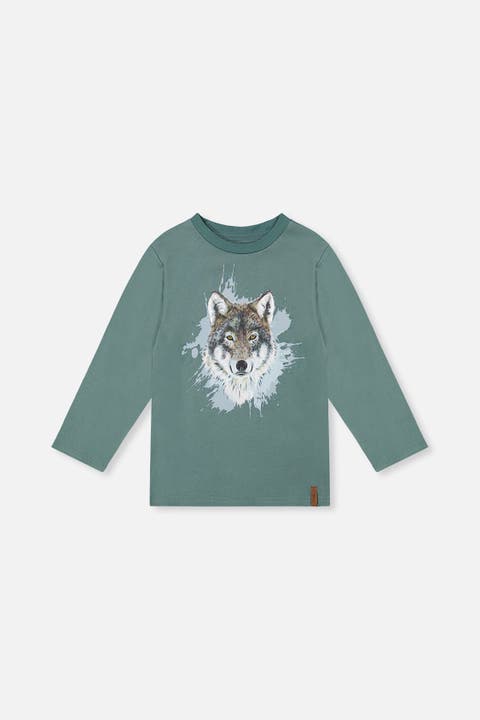 Cotton Crew Neck Wolf Graphic Long Sleeve T-Shirt