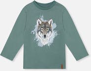 Deux par Deux Cotton Crew Neck Wolf Graphic Long Sleeve T-Shirt