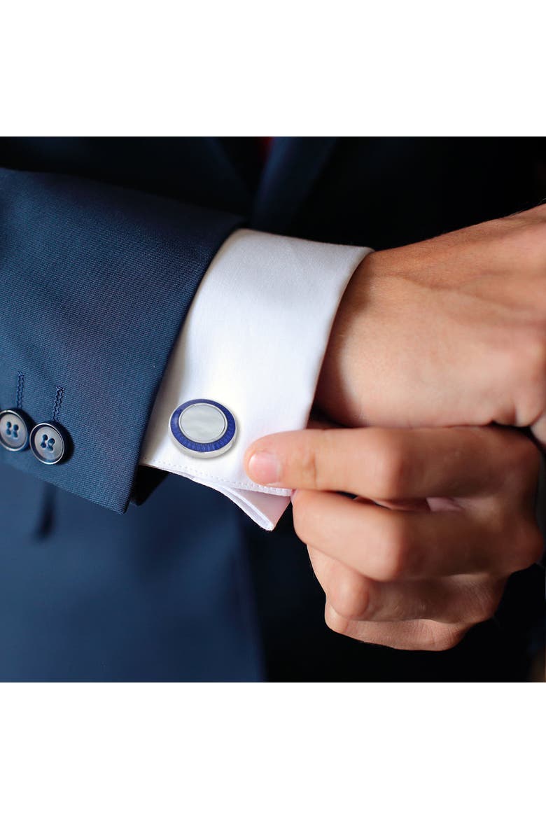 Round Mother of Pearl Cufflinks with Blue Border, Alternate, color, White