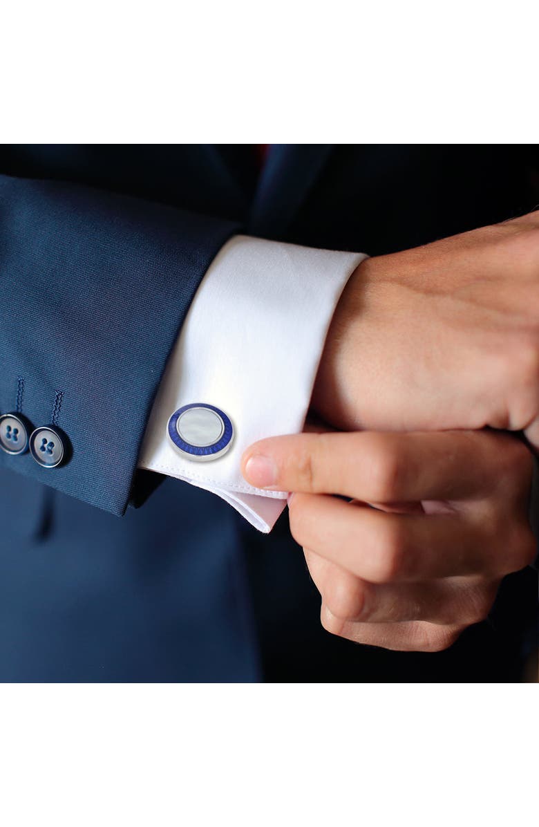 Link Up Round Mother of Pearl Cufflinks with Blue Border, Alternate, color, White