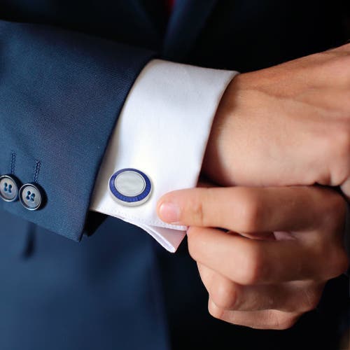 Link Up Round Mother Of Pearl Cufflinks With Blue Border In Metallic