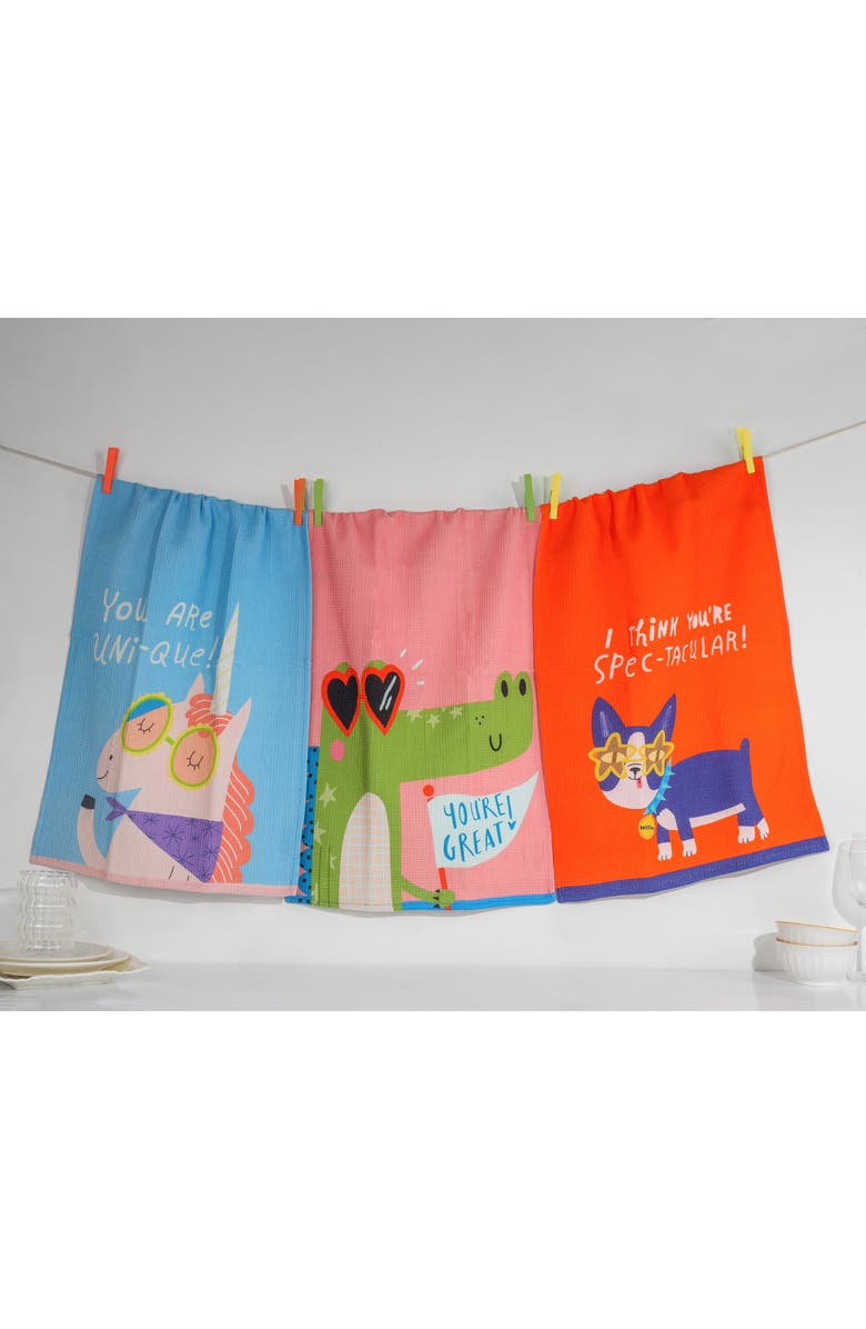 Tiramisu Set of Three Whimsical Wonders Kitchen Towels, Alternate, color, Cobalt/ Fuchsia/ Clear