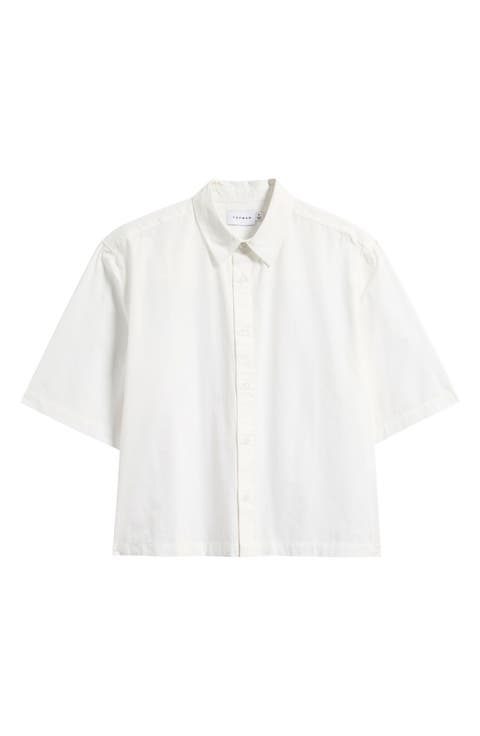 Crop Short Sleeve Cotton Poplin Button-Up Shirt
