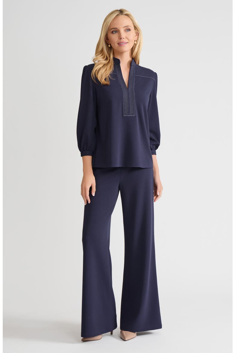 Stretch Deco Crepe Balloon Sleeve Blouse, Alternate, color, Indigo/White