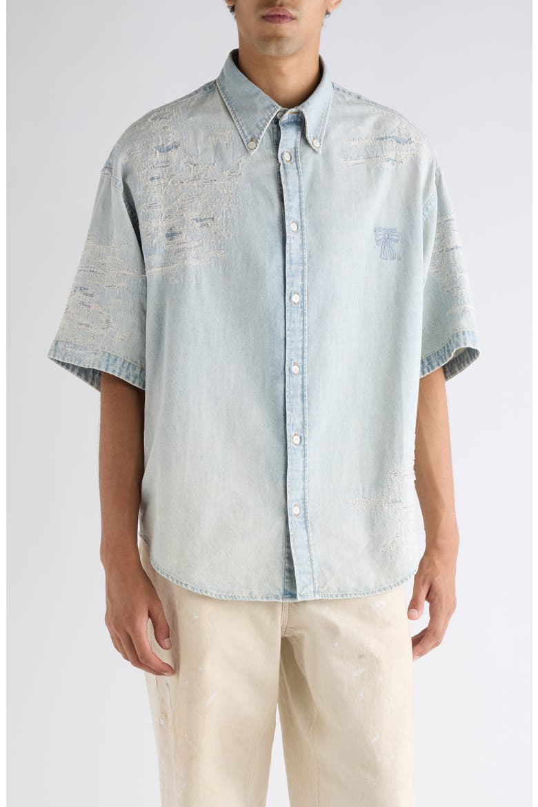 Setar Mending Distressed Short Sleeve Denim Button-Down Shirt, Main, color, LIGHT BLUE