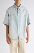 Acne Studios Setar Mending Distressed Short Sleeve Denim Button-Down Shirt