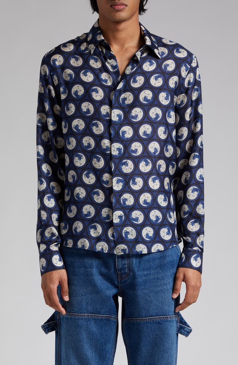 Off-White Moon Print Silk Button-Up Shirt, Main, color,
