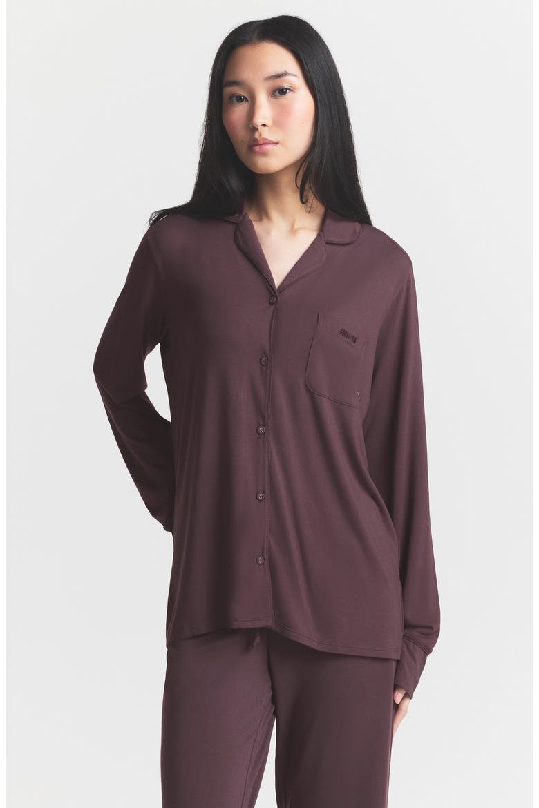 Sleep Long Sleeve Button-Up Pajamas, Alternate, color, RAISIN