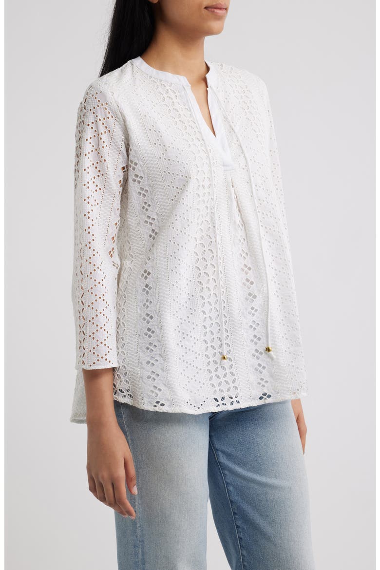 Tassel Eyelet Bell Sleeve Cotton Top, Alternate, color, WHITE