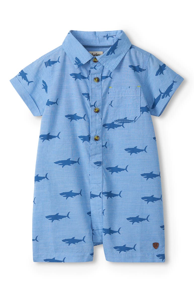 Shark Print Cotton Polo Romper, Main, color, BLUE