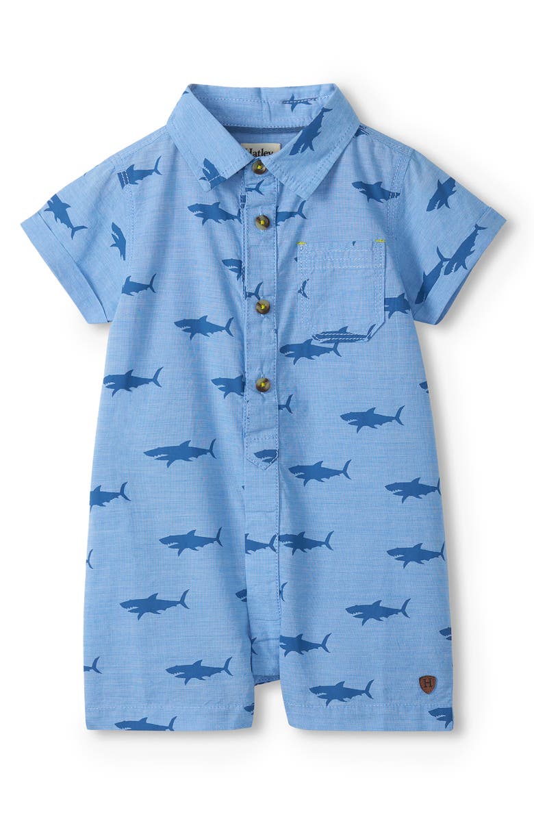 Hatley Shark Print Cotton Polo Romper, Main, color, Blue