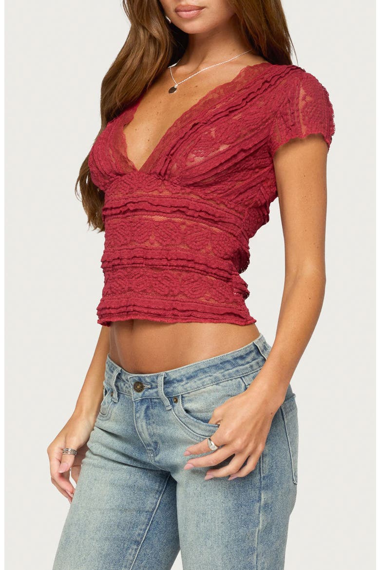 Avalee Sheer Lace V-Neck Top, Alternate, color, BURGUNDY