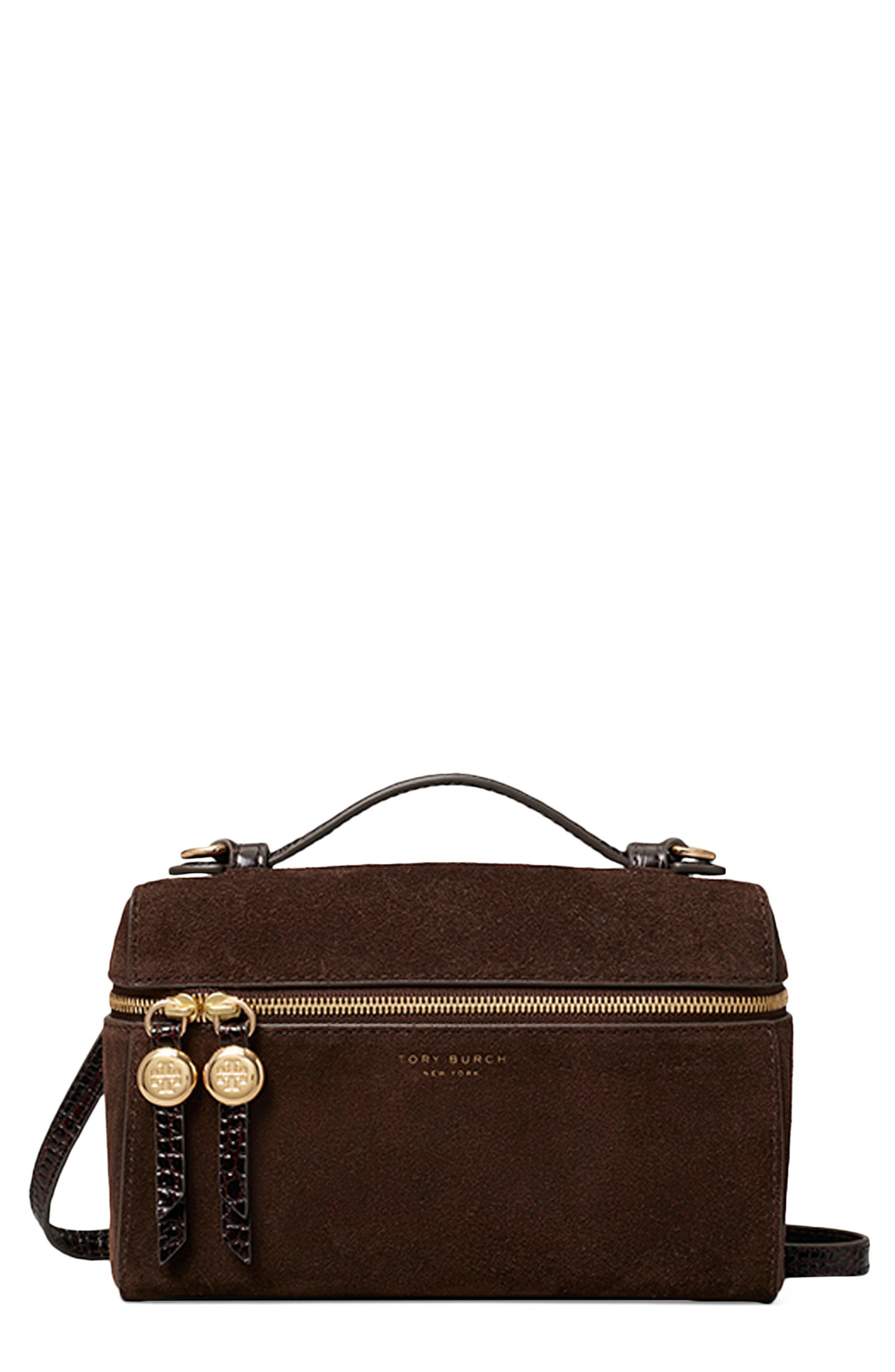 Romy Suede Slim Top Handle Bag, Main, color, DARK COCOA