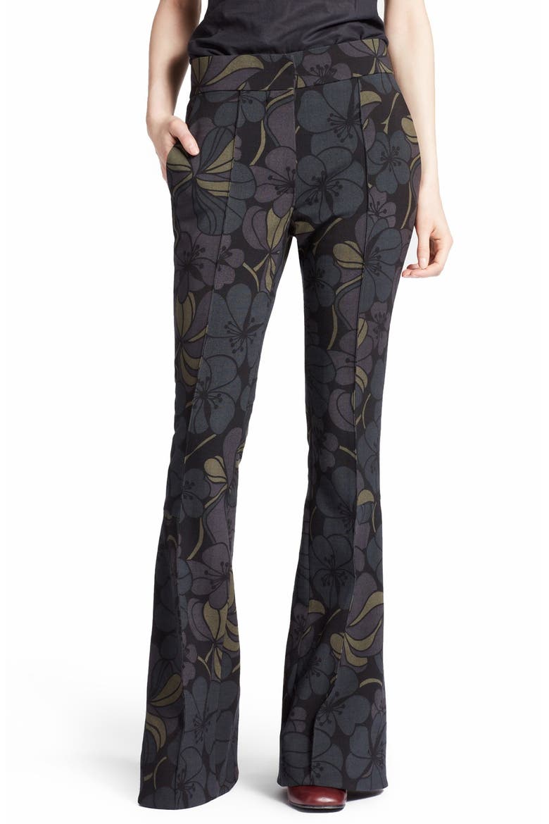 Floral Print Bell Bottom Pants, Main, color, DARK SEA GREEN