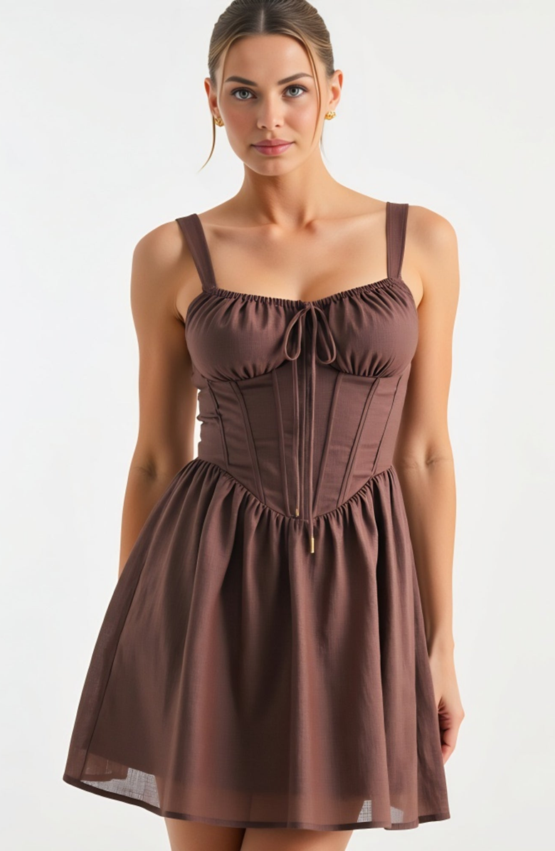 Modenaire Sweetheart Corset Bodice Gathered Bust Flared Skirt Mini Dress, Alternate, color, Brown